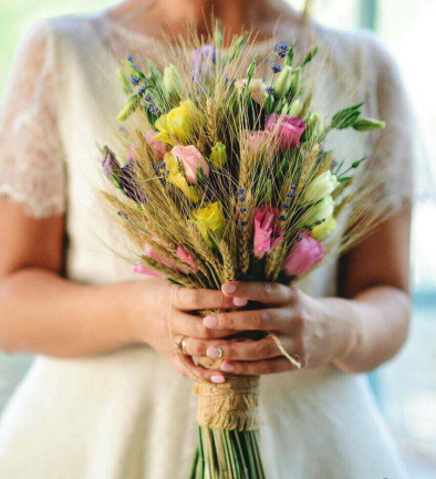 Bridal Bouquet with Wheat Stalks, Eustoma, and Roses photo 394x433